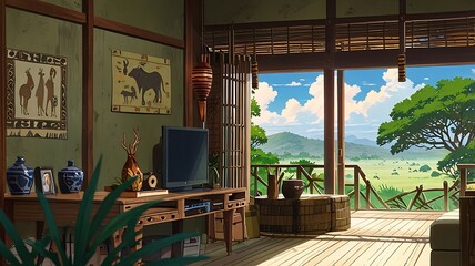 Fototapeta premium Anime-style African safari lodge with tribal prints and natural textures