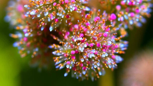 Close-up of a delicate flowering plant with vibrant pink, blue and orange accents. Macro shot reveals intricate flower parts and a colorful natural composition.