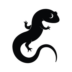 Silhouette of a cute cartoon salamander in black with a curved tail on a white background