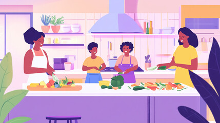 Fototapeta premium A family preparing a healthy meal together in the kitchen, chopping vegetables, with colorful ingredients on the counter, room at the bottom for a message about healthy eating habits.