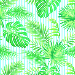 Green tropical palm leaves seamless vector pattern on the black background. Trendy summer print.	

