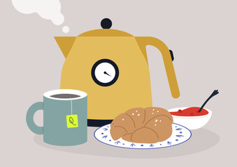 Plakat A cheerful setting awaits with a yellow kettle steaming beside a fragrant cup of tea, Croissants sit on a plate, complemented by a small bowl of vibrant strawberry jam, perfect for indulgence