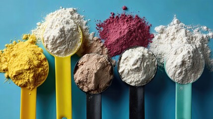 Vibrant measuring cups filled with various flours stand out against a bright blue background, ideal for baking inspiration.
