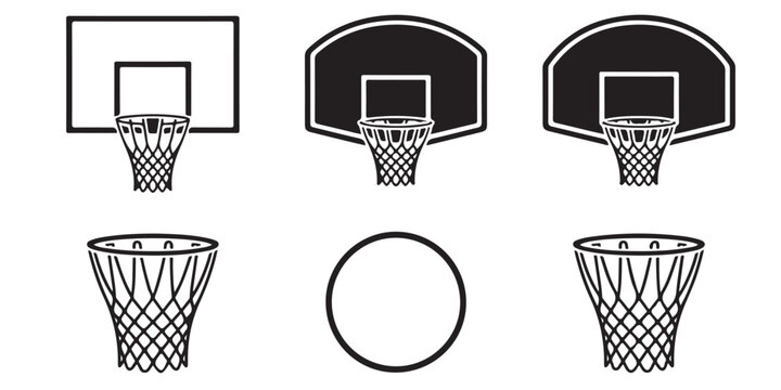 Basketball hoop, basketball and goal,  net, ring icon silhouettes set