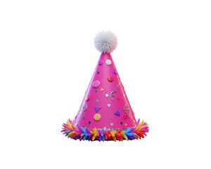 Vibrant pink party hat with decorative elements against a white backdrop