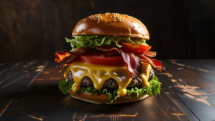 Delicious Gourmet Burger Stack with Melting Cheese and Fresh Toppings.