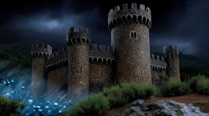 Fortress behind credit card as financial shield, ruins, landscape, palace