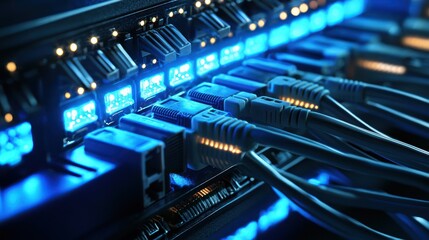 Fototapeta premium A network server with multiple Ethernet cables plugged in, emitting blue light.