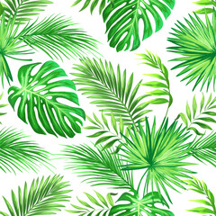 Green tropical palm leaves seamless vector pattern on the black background. Trendy summer print.	
