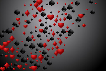 Playing card suits float on a dark gradient background. Scattered red hearts and diamonds, alongside black spades and clubs, creating a dynamic gambling-themed design.
