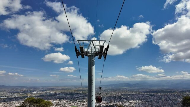 Aerial view of the cable car in Salta, Argentina. The city of Salta is in the background.