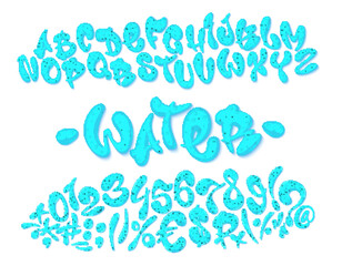 Water hand drawn typeset. Water alphabet, signs and digits. Vector illustration.