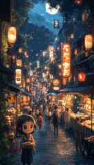 Fototapeta premium Night market street, Asian city, lanterns, full moon, food stalls, tourism