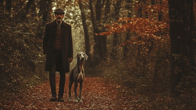 Man and dog stroll through autumn woods.