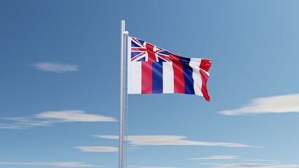3D rendering of the Hawaii state flag, featuring the Union Jack and red, white, and blue stripes, elegantly waving atop a snow-covered mountain peak, symbolizing island heritage and unity.

