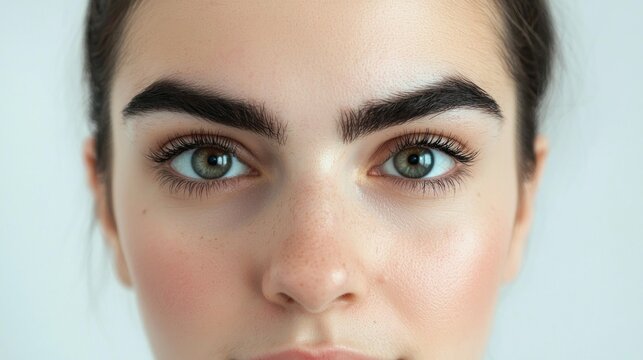 Woman with unibrow confidence isolated on white background