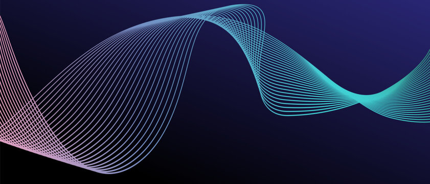 Abstract horizontal background with blue gradient wave lines. Minimalistic back creating dynamic visual effect. Trendy volumetric 3d stripes design on dark background. Features vector backdrop.
