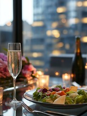 Table with a plate of salad and a glass of champagne on it. the table is set with a vase of pink flowers and a bottle of champagne in the background.