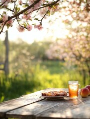 Wooden table with a plate of food and a glass of iced tea on it. the table is in a garden with trees and bushes in the background.