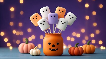 Halloween marshmallow pops shaped like ghosts and pumpkins, styled in colorful jar with soft party lights 