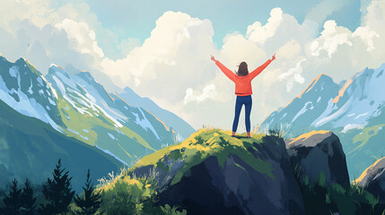 Obraz premium A woman standing on a mountaintop after a hike, breathing deeply with arms raised in victory, surrounded by stunning natural landscapes, space for an inspiring wellness message.