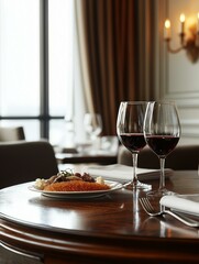 Naklejka premium Dining table in a restaurant with two wine glasses on it. the table is round and has a wooden top. on the table, there is a plate of food with a fork and knife on it, and a glass of red wine.