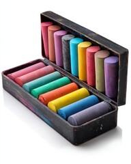 A box of colorful pastel chalks, perfect for artistic expression.