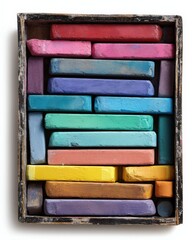 Vibrant pastel chalks arranged in a wooden box, a colorful display of art supplies.