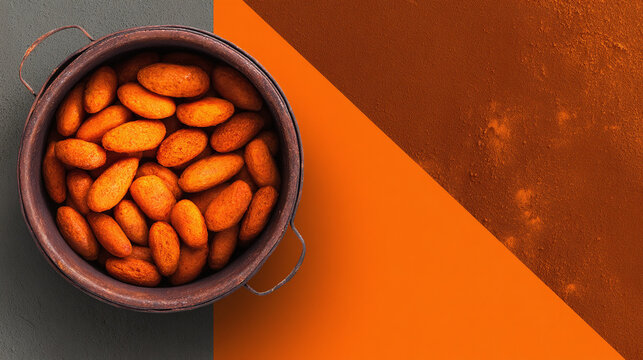 Bowl of roasted almonds on graphic geometric orange background, minimal overhead food layout for snack, nutrition or healthy eating design - Powered by Adobe
