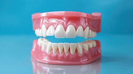 Obraz premium A pink and white plastic model of a human jaw with teeth, placed on a blue background.