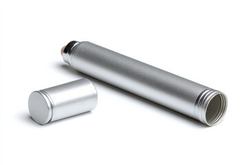 Sleek silver roller bottle and cap.