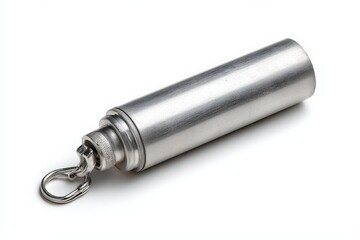 Sleek silver metal container with a keyring, perfect for storing small items.