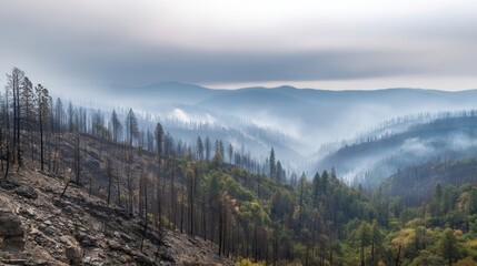 Smoky, mountainous landscape after a wildfire.