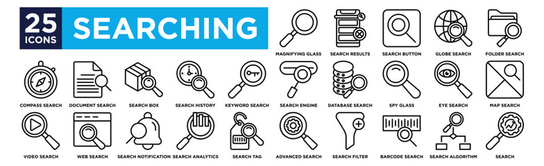 searching icon collection set. Containing design Magnifying Glass, Search Results, Search Button, Globe Search, Folder Search, Search Engine, Database Search, Spy glass, Eye Search, Map Search, Compas