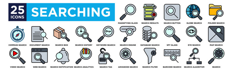 searching icon collection set. Containing design Magnifying Glass, Search Results, Search Button, Globe Search, Folder Search, Search Engine, Database Search, Spy glass, Eye Search, Map Search, Compas