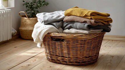 A laundry basket filled with neatly folded clothes sits on a light wood floor, ready for storage or transport.
