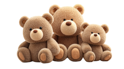 Three fluffy brown teddy bears sitting together on a black background in a studio shot for a toy concept