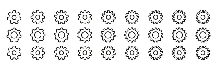 cogwheel set with mechanical sprocket. Vintage factory gears and bicycle chain elements. Flat vector illustration isolated on white background.