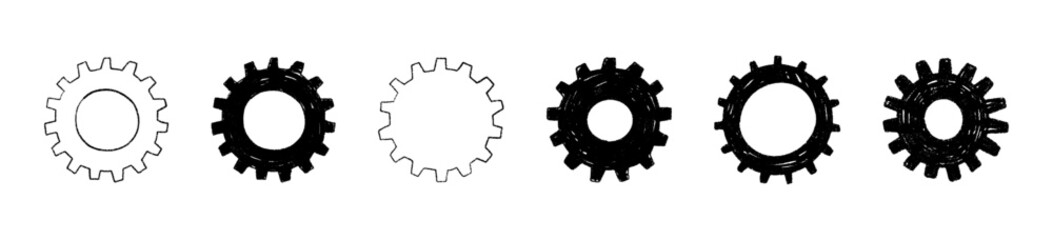 Hand-drawn gear doodle line artwork. Mechanical cogwheel sketch. Flat vector illustration isolated on white background.