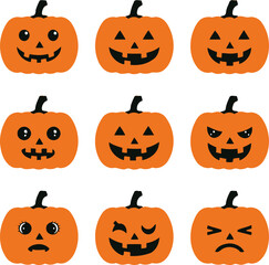 Set of cute Halloween pumpkin faces in a simple, playful cartoon style. Perfect for kids' Halloween crafts, stickers, or festive designs.