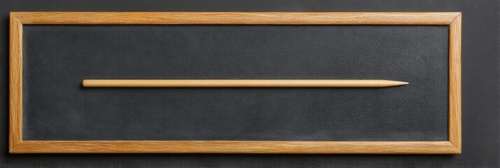 A single, light-colored pencil rests centrally on a dark slate board within a wood frame.