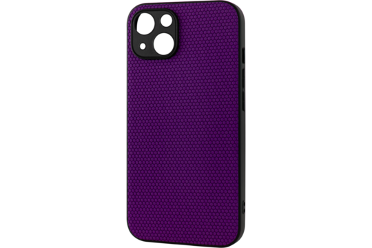 A close up of a purple phone case with a textured pattern and black camera cutout on a dark background
