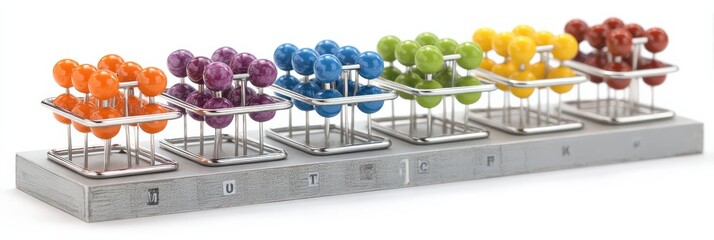 Colorful spheres arranged in a grid pattern on a gray base.  A modern, abstract design.