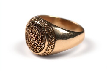 Close-up of a gold class ring, detailed engraving.