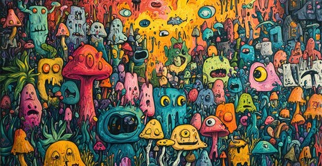 Obraz premium Vibrant horde of fantastical creatures, densely packed, amidst a vibrant ecosystem. Enthralling array of bizarre characters, colorful and quirky, with a focus on mushroom-like formations