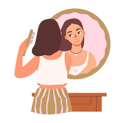Flat vector illustration of a woman’s daily beauty routine. A woman combs her hair in front of a mirror.