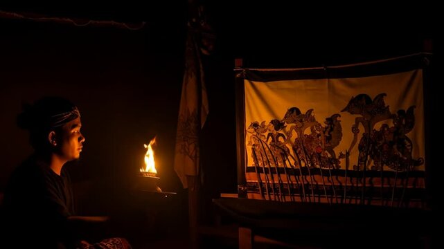 A traditional Javanese shadow puppet (Wayang Kulit) performance at night, with a dalang (puppeteer) behind the screen, lit by a warm oil lamp