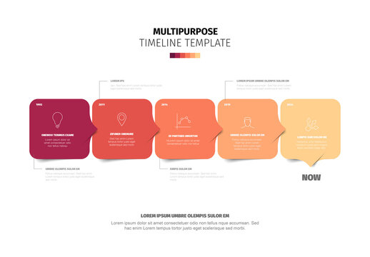 Multipurpose Timeline Template with red rounded square shapes with icons for presenting events and progress