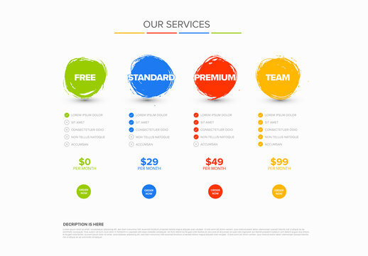 Pricing Table Template with Colorful Brush Circles for Services subscription plans.