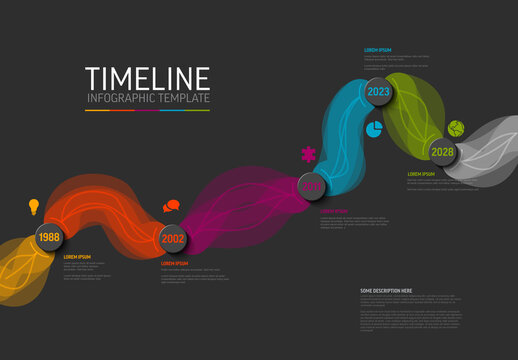 Abstract Wavy Timeline Infographic Template on Dark Background for process flow, milestones, and data presentation